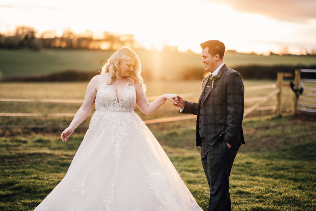 bride and groom portrait at sunset 